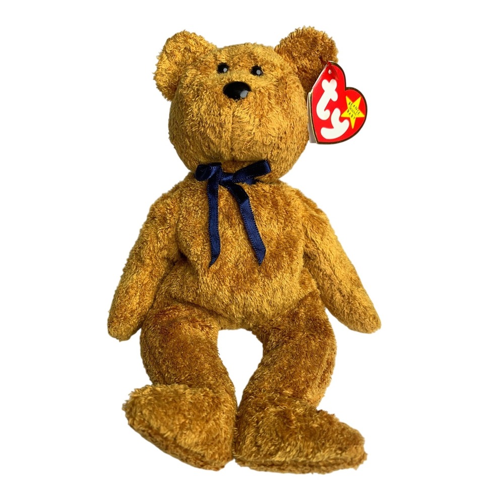 Ty Beanie Baby Fuzz the Bear 1998 Vintage Golden Brown Plush with Navy Ribbon